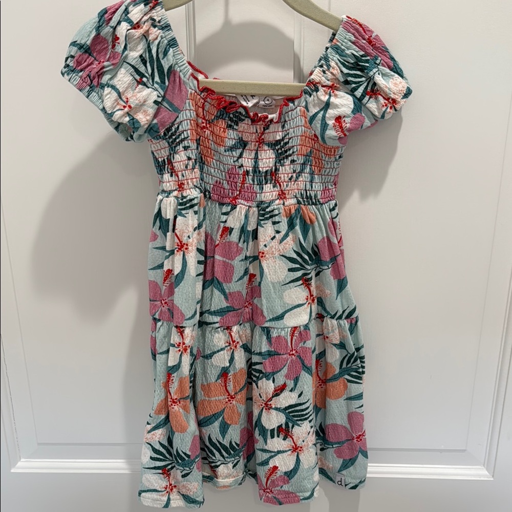 Deux Par Deux Hibiscus Smocking Dress with Puff Sleeves